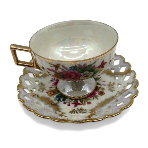 SHAFFORD Cup And Saucer Floral Design Gold Accents IRIDESCENT Finish Japan - Picture 2 of 11